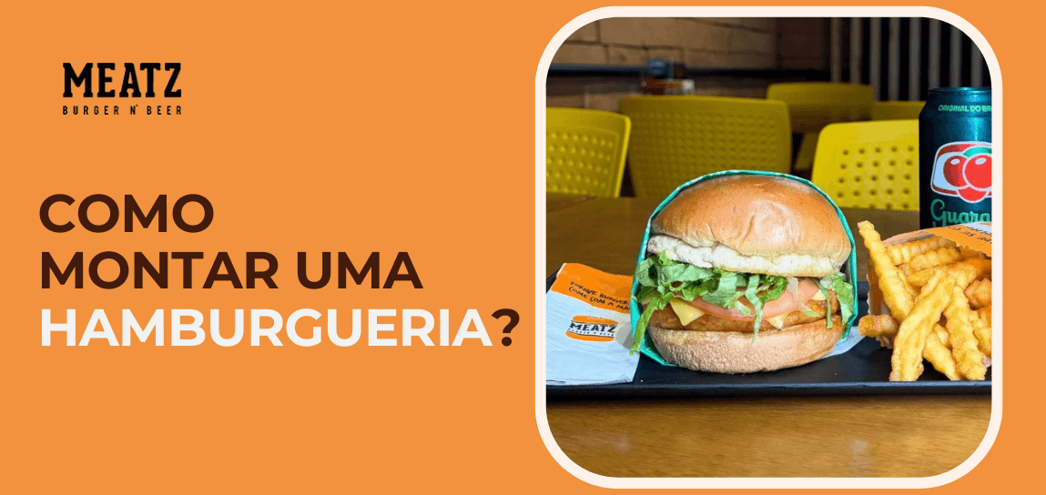 Hambúrguer duplo artesanal com queijo, alface e tomate ao lado do texto “Como escolher o burger ideal” da marca Meatz Burger n’ Beer em fundo laranja.