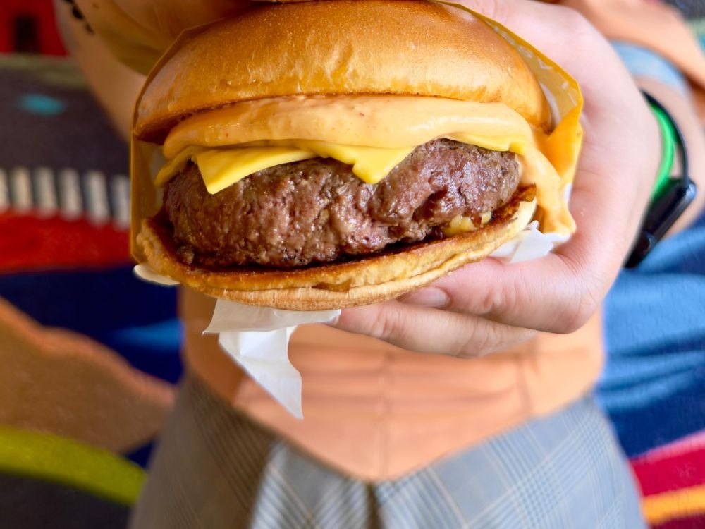 Hambúrguer artesanal com pão macio, queijo derretido e carne bovina grelhada em destaque.