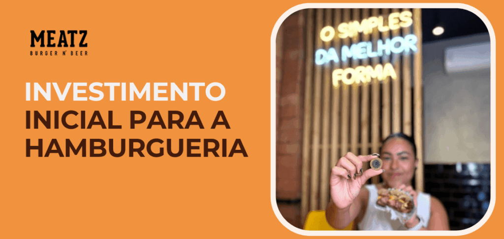 Mulher segurando moeda e um hambúrguer artesanal ao fundo de um letreiro luminoso, ao lado do texto “Investimento inicial para a hamburgueria” da marca Meatz Burger n’ Beer em fundo laranja.