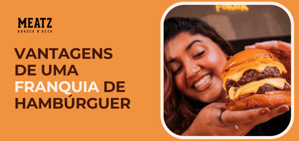 Mulher sorrindo enquanto segura um hambúrguer artesanal duplo com queijo ao lado do texto “Vantagens de uma franquia de hambúrguer” da marca Meatz Burger n’ Beer em fundo laranja.